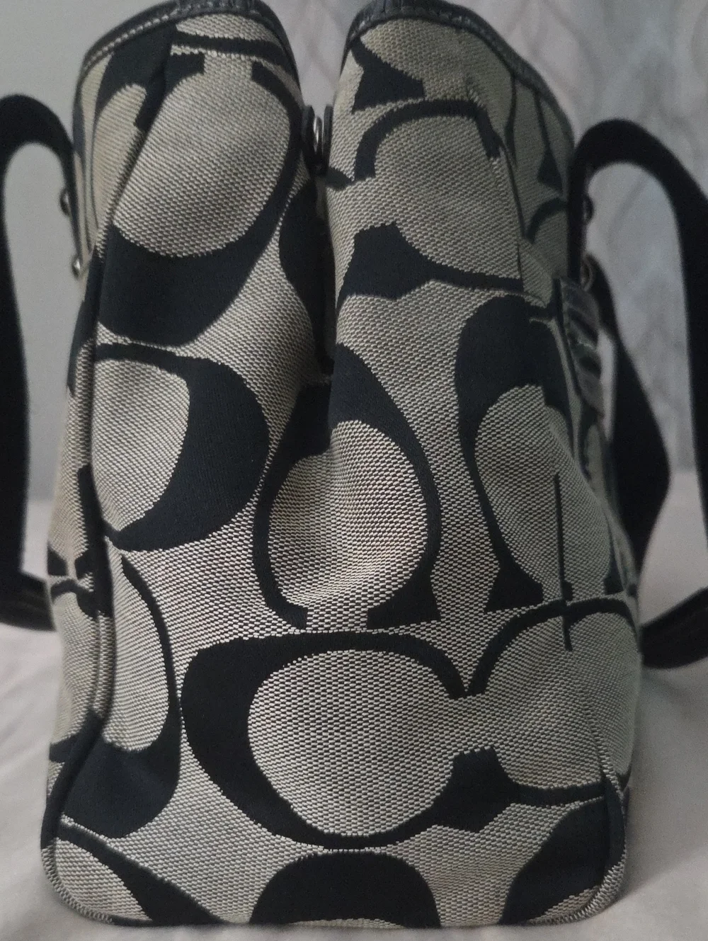 Coach Black and Khaki Signature Canvas Tote with Pink Charm